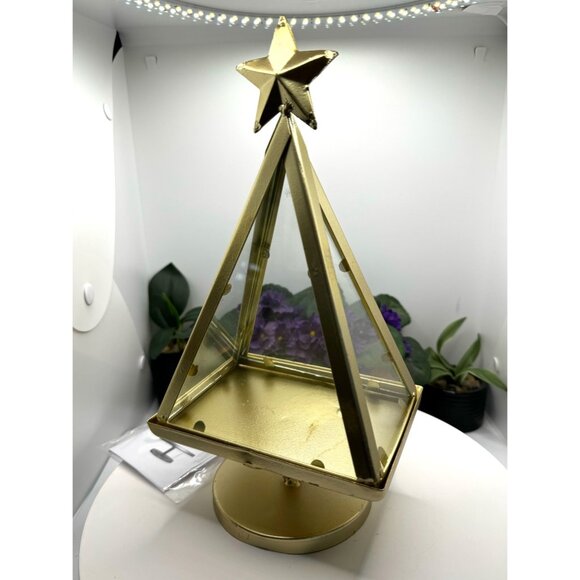 Gold Metal Christmas Tree Display Stand/Candle Holder With Star & Glass Panels - Picture 6 of 7